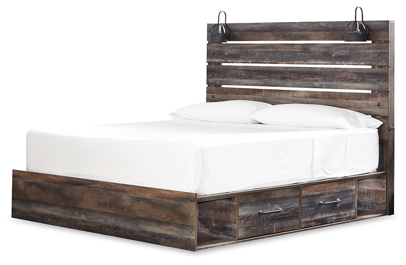 Drystan King Panel Bed with 2 Storage Drawers with Mirrored Dresser, Chest and Nightstand at Walker Mattress and Furniture Locations in Cedar Park and Belton TX.