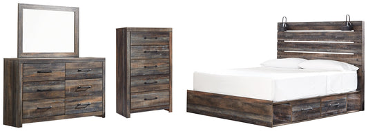 Drystan King Panel Bed with 2 Storage Drawers with Mirrored Dresser and Chest at Walker Mattress and Furniture Locations in Cedar Park and Belton TX.