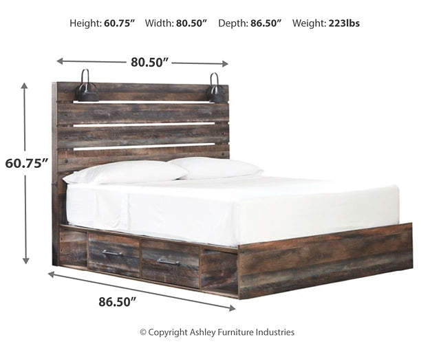 Drystan King Panel Bed with 2 Storage Drawers with Mirrored Dresser and Nightstand at Walker Mattress and Furniture Locations in Cedar Park and Belton TX.