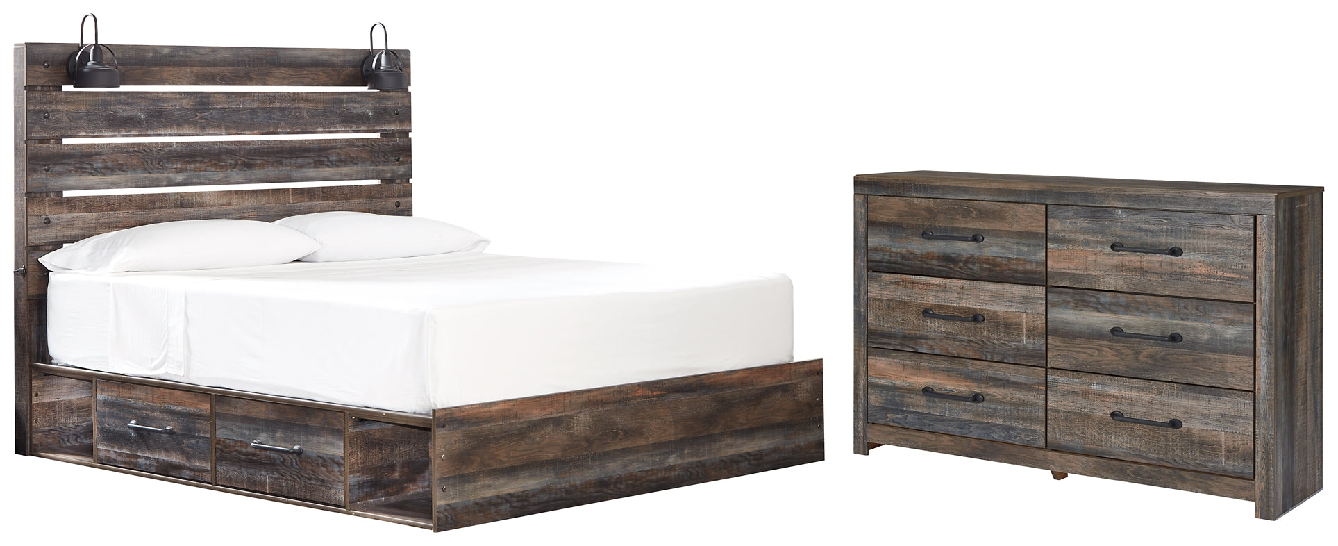 Drystan King Panel Bed with 4 Storage Drawers with Dresser at Walker Mattress and Furniture Locations in Cedar Park and Belton TX.