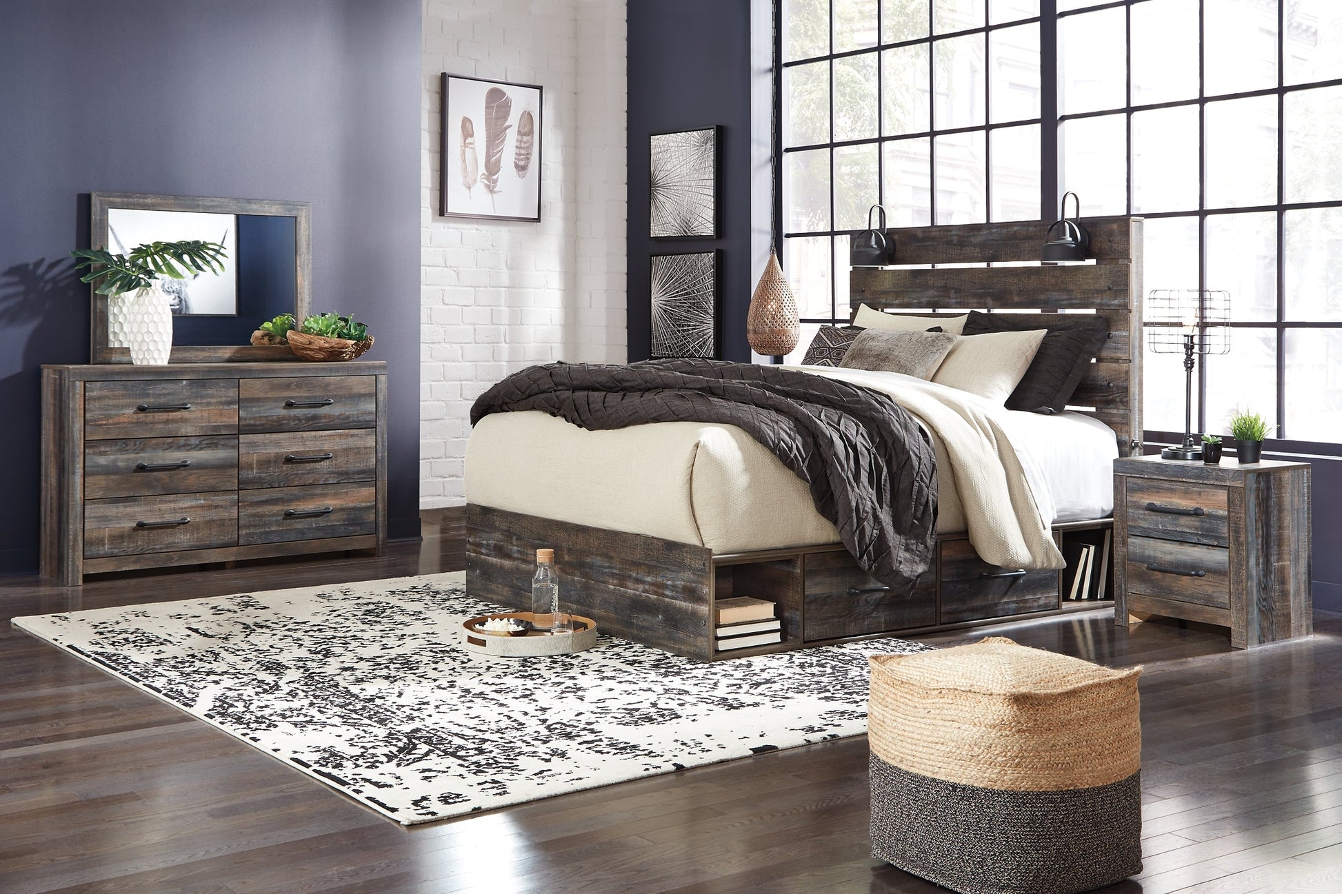 Drystan King Panel Bed with 4 Storage Drawers with Mirrored Dresser and 2 Nightstands at Walker Mattress and Furniture Locations in Cedar Park and Belton TX.