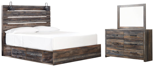 Drystan King Panel Bed with 4 Storage Drawers with Mirrored Dresser at Walker Mattress and Furniture Locations in Cedar Park and Belton TX.