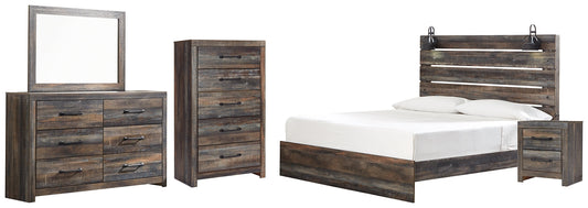 Drystan King Panel Bed with Mirrored Dresser, Chest and Nightstand at Walker Mattress and Furniture Locations in Cedar Park and Belton TX.