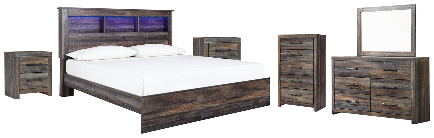 Drystan King Panel Bookcase Bed with Mirrored Dresser, Chest and 2 Nightstands at Walker Mattress and Furniture Locations in Cedar Park and Belton TX.