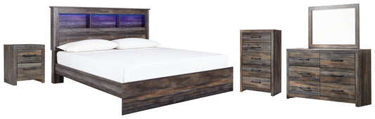 Drystan King Panel Bookcase Bed with Mirrored Dresser, Chest and Nightstand at Walker Mattress and Furniture Locations in Cedar Park and Belton TX.