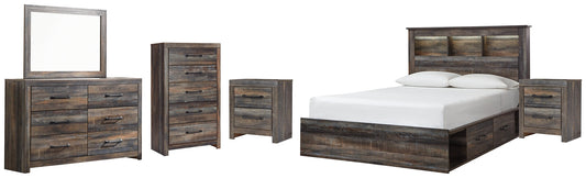 Drystan Queen Bookcase Bed with 2 Storage Drawers with Mirrored Dresser, Chest and 2 Nightstands at Walker Mattress and Furniture Locations in Cedar Park and Belton TX.
