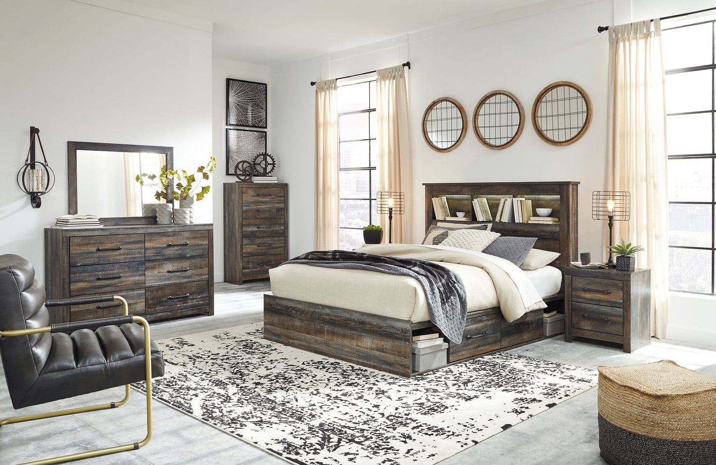 Drystan Queen Bookcase Bed with 2 Storage Drawers with Mirrored Dresser, Chest and 2 Nightstands at Walker Mattress and Furniture Locations in Cedar Park and Belton TX.
