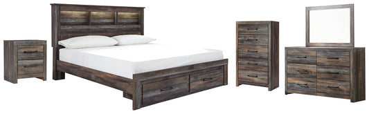 Drystan Queen Bookcase Bed with 2 Storage Drawers with Mirrored Dresser, Chest and Nightstand at Walker Mattress and Furniture Locations in Cedar Park and Belton TX.