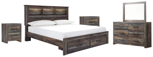 Drystan Queen Bookcase Bed with 2 Storage Drawers with Mirrored Dresser and 2 Nightstands at Walker Mattress and Furniture Locations in Cedar Park and Belton TX.