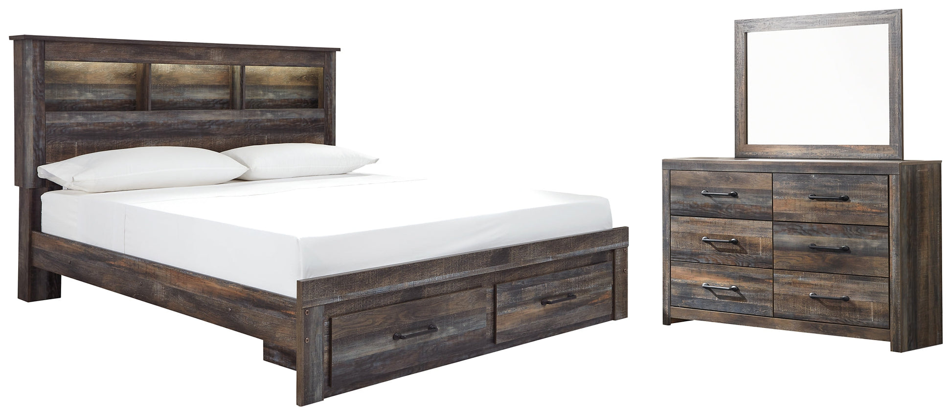 Drystan Queen Bookcase Bed with 2 Storage Drawers with Mirrored Dresser at Walker Mattress and Furniture Locations in Cedar Park and Belton TX.