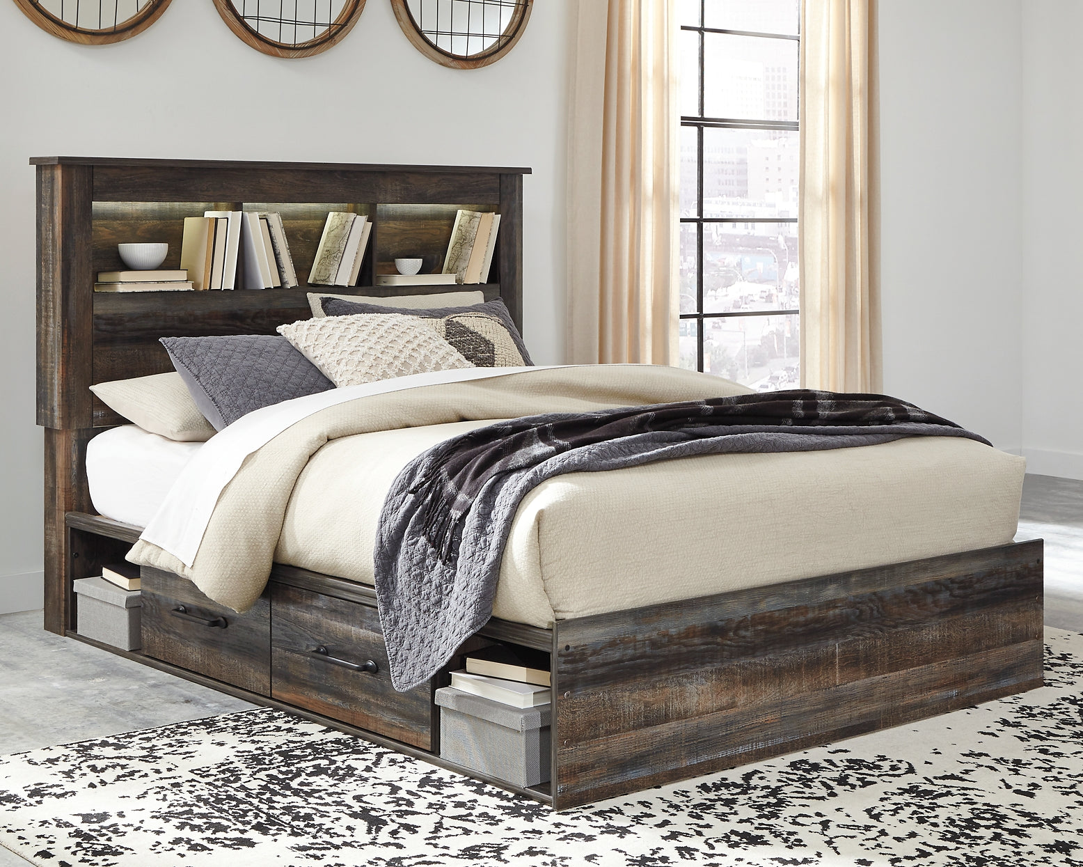 Drystan Queen Bookcase Bed with 2 Storage Drawers with Mirrored Dresser at Walker Mattress and Furniture Locations in Cedar Park and Belton TX.