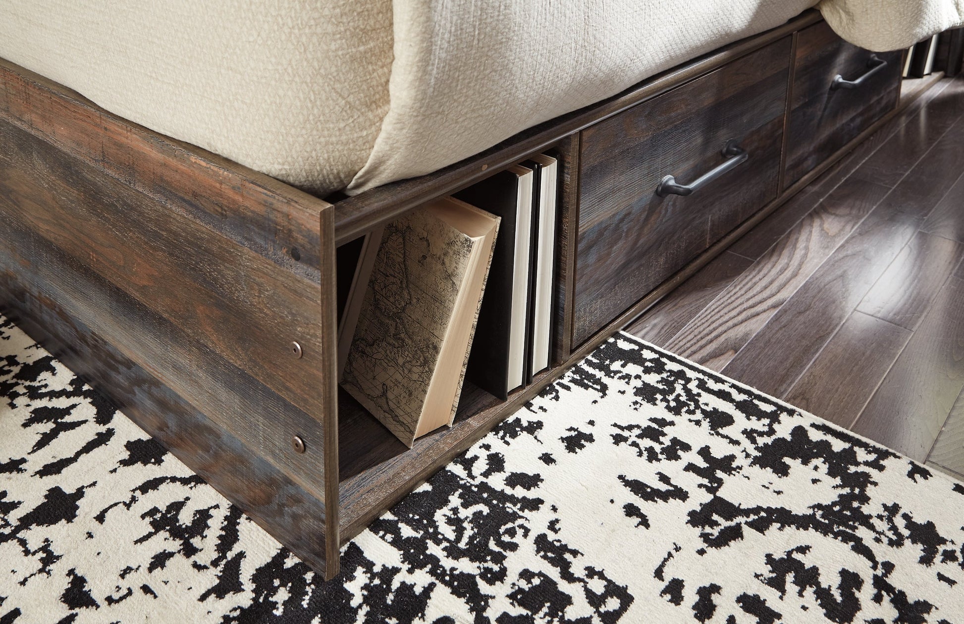 Drystan Queen Bookcase Bed with 2 Storage Drawers with Mirrored Dresser at Walker Mattress and Furniture Locations in Cedar Park and Belton TX.