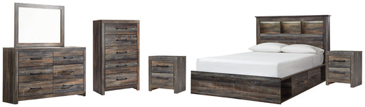 Drystan Queen Bookcase Bed with 4 Storage Drawers with Mirrored Dresser, Chest and 2 Nightstands at Walker Mattress and Furniture Locations in Cedar Park and Belton TX.