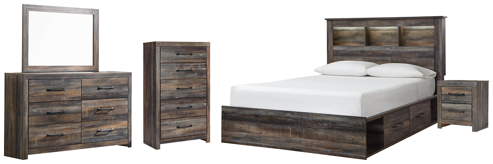 Drystan Queen Bookcase Bed with 4 Storage Drawers with Mirrored Dresser, Chest and Nightstand at Walker Mattress and Furniture Locations in Cedar Park and Belton TX.