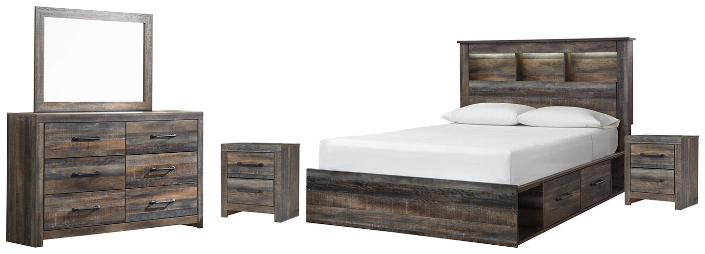 Drystan Queen Bookcase Bed with 4 Storage Drawers with Mirrored Dresser and 2 Nightstands at Walker Mattress and Furniture Locations in Cedar Park and Belton TX.