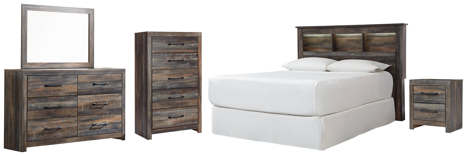 Drystan Queen/Full Bookcase Headboard with Mirrored Dresser, Chest and Nightstand at Walker Mattress and Furniture Locations in Cedar Park and Belton TX.