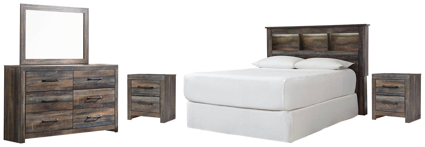 Drystan Queen/Full Bookcase Headboard with Mirrored Dresser and 2 Nightstands at Walker Mattress and Furniture Locations in Cedar Park and Belton TX.