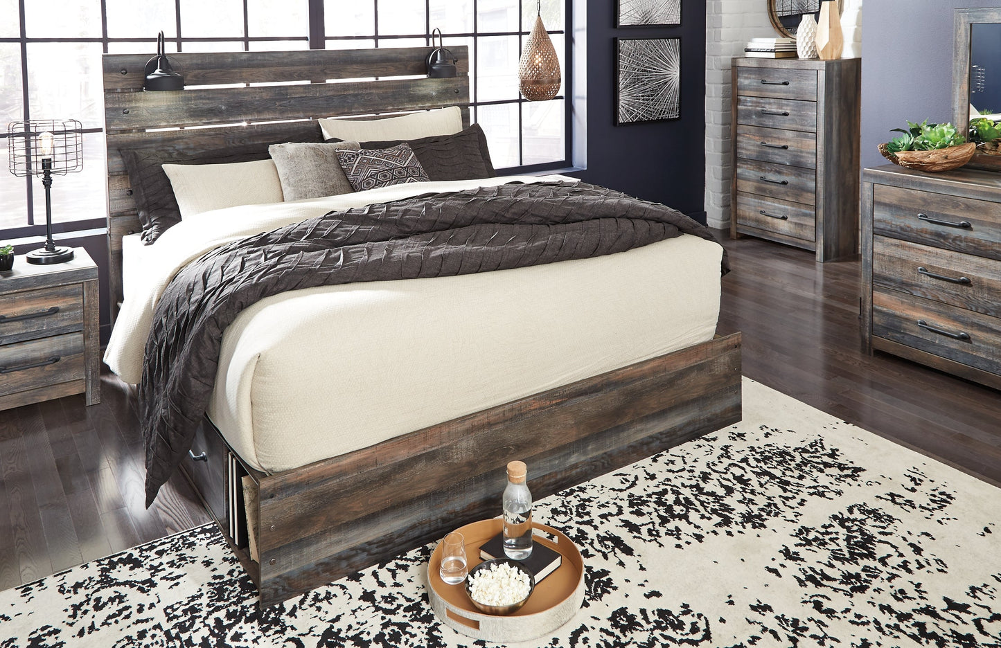 Drystan Queen Panel Bed with 2 Storage Drawers at Walker Mattress and Furniture Locations in Cedar Park and Belton TX.