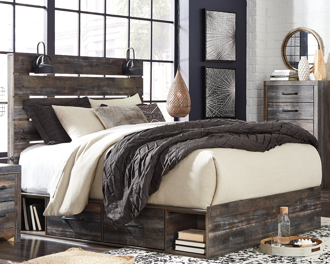 Drystan Queen Panel Bed with 2 Storage Drawers with Mirrored Dresser, Chest and Nightstand at Walker Mattress and Furniture Locations in Cedar Park and Belton TX.