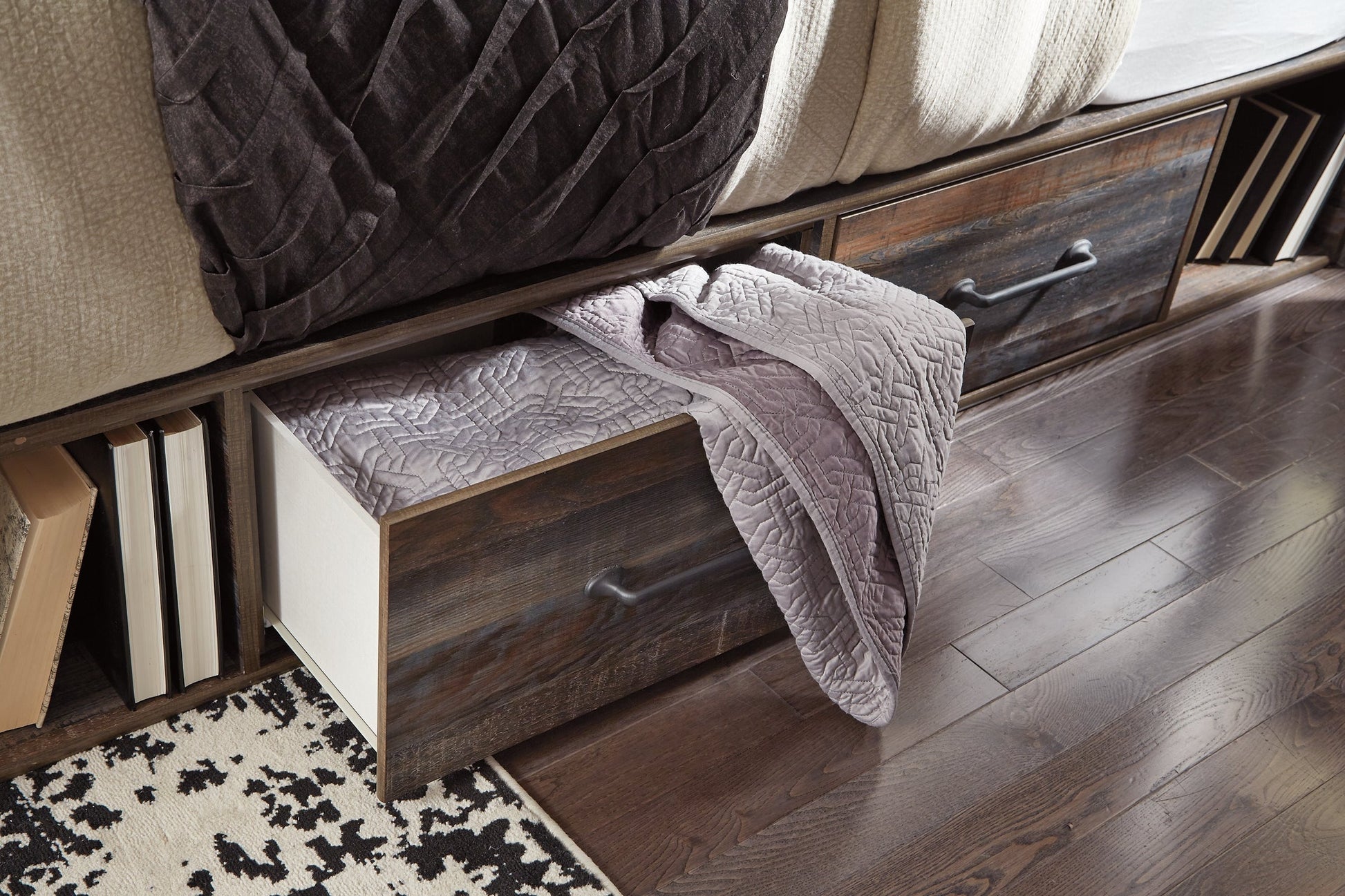 Drystan Queen Panel Bed with 2 Storage Drawers with Mirrored Dresser, Chest and Nightstand at Walker Mattress and Furniture Locations in Cedar Park and Belton TX.
