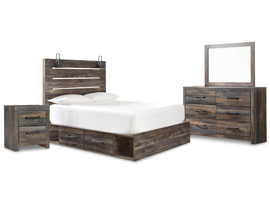 Drystan Queen Panel Bed with 2 Storage Drawers with Mirrored Dresser and Nightstand at Walker Mattress and Furniture Locations in Cedar Park and Belton TX.