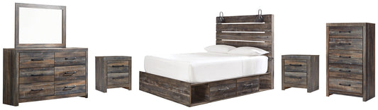 Drystan Queen Panel Bed with 4 Storage Drawers with Mirrored Dresser, Chest and 2 Nightstands at Walker Mattress and Furniture Locations in Cedar Park and Belton TX.