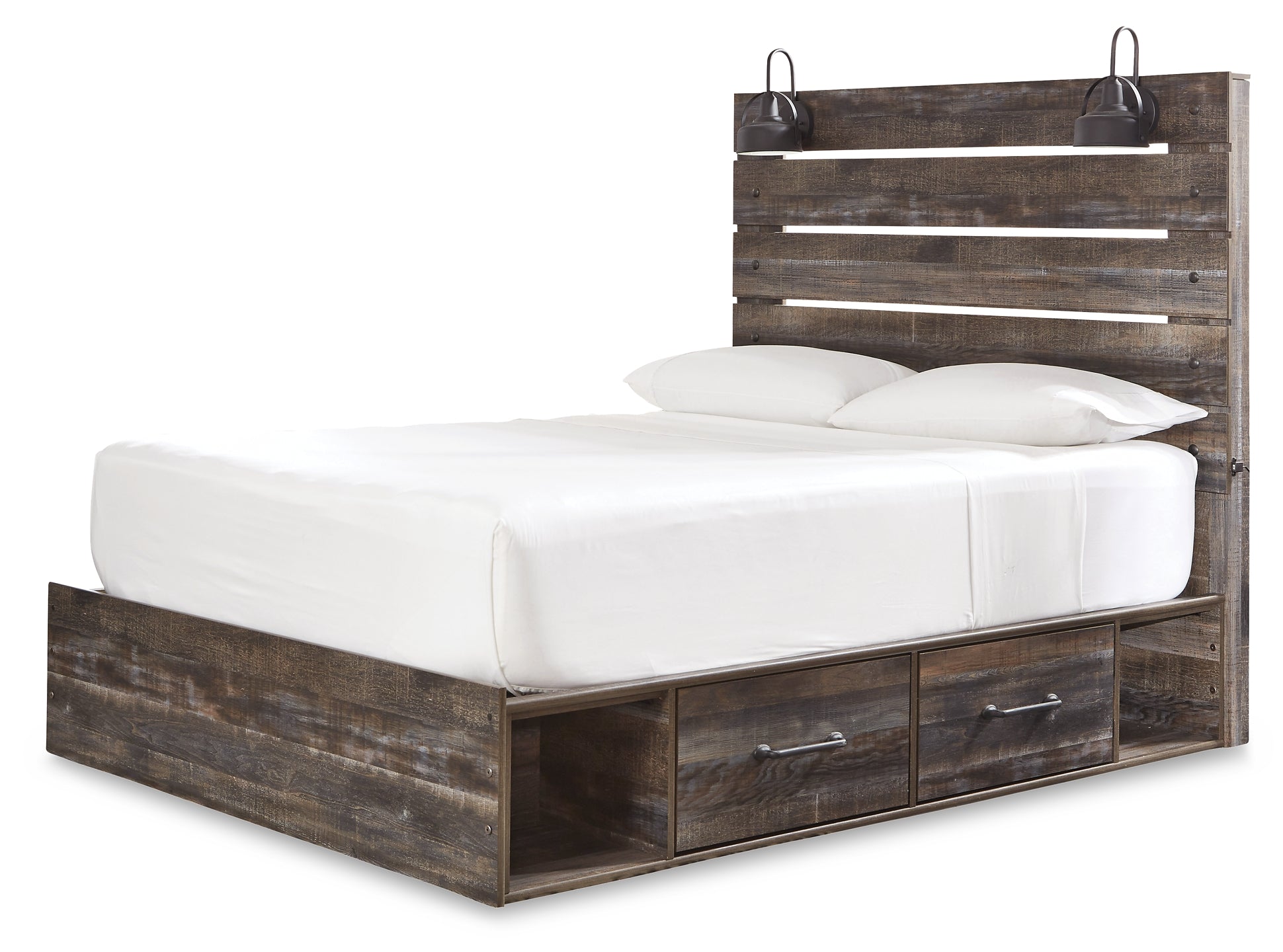 Drystan Queen Panel Bed with 4 Storage Drawers with Mirrored Dresser at Walker Mattress and Furniture Locations in Cedar Park and Belton TX.
