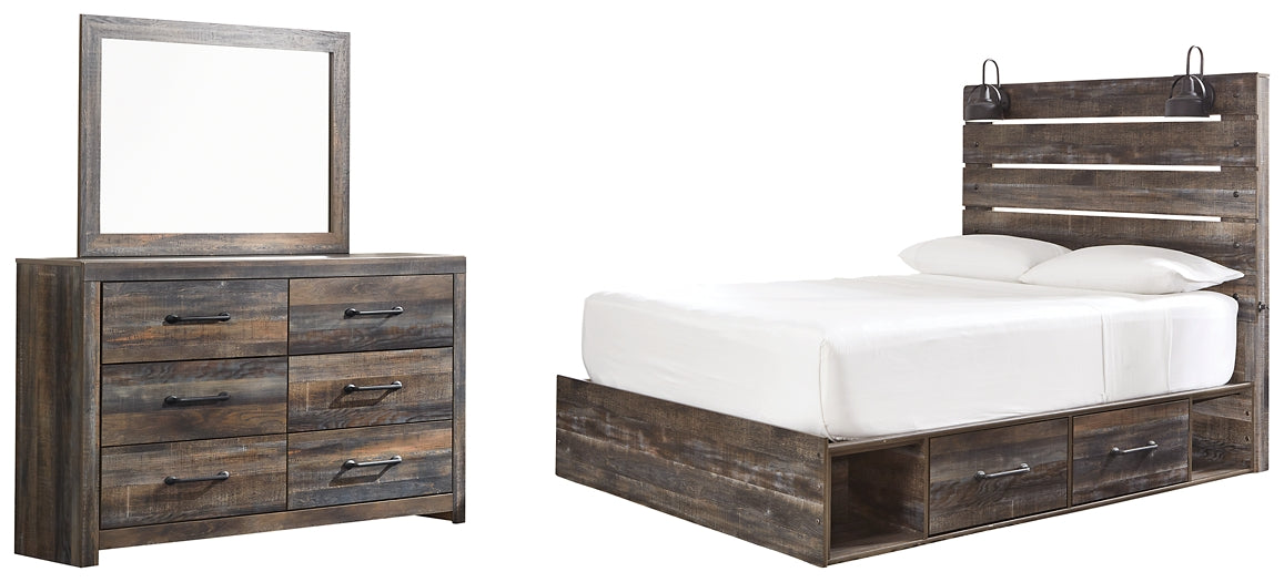 Drystan Queen Panel Bed with 4 Storage Drawers with Mirrored Dresser at Walker Mattress and Furniture Locations in Cedar Park and Belton TX.