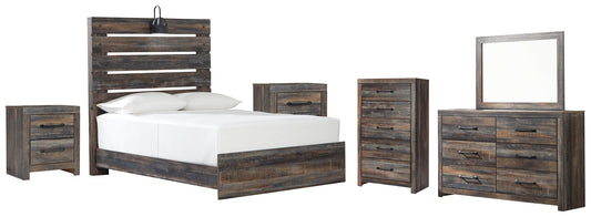 Drystan Queen Panel Bed with Mirrored Dresser, Chest and 2 Nightstands at Walker Mattress and Furniture Locations in Cedar Park and Belton TX.