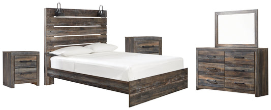 Drystan Queen Panel Bed with Mirrored Dresser and 2 Nightstands at Walker Mattress and Furniture Locations in Cedar Park and Belton TX.