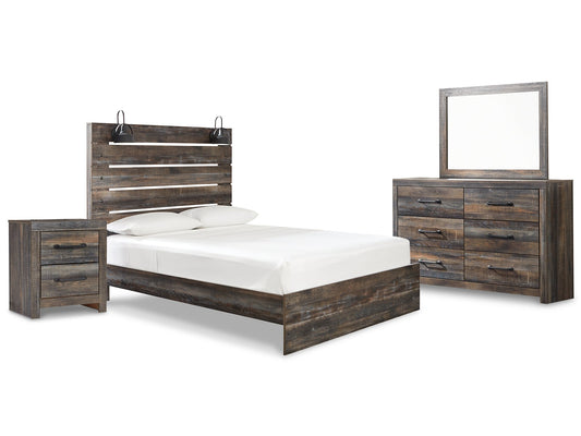 Drystan Queen Panel Bed with Mirrored Dresser and Nightstand at Walker Mattress and Furniture Locations in Cedar Park and Belton TX.