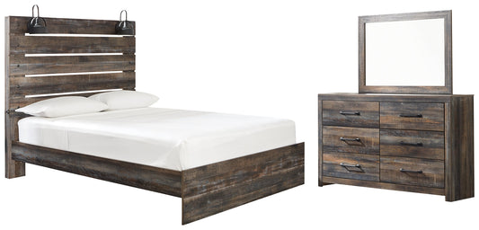 Drystan Queen Panel Bed with Mirrored Dresser at Walker Mattress and Furniture Locations in Cedar Park and Belton TX.