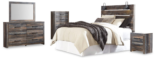 Drystan Queen Panel Headboard with Mirrored Dresser, Chest and Nightstand at Walker Mattress and Furniture Locations in Cedar Park and Belton TX.