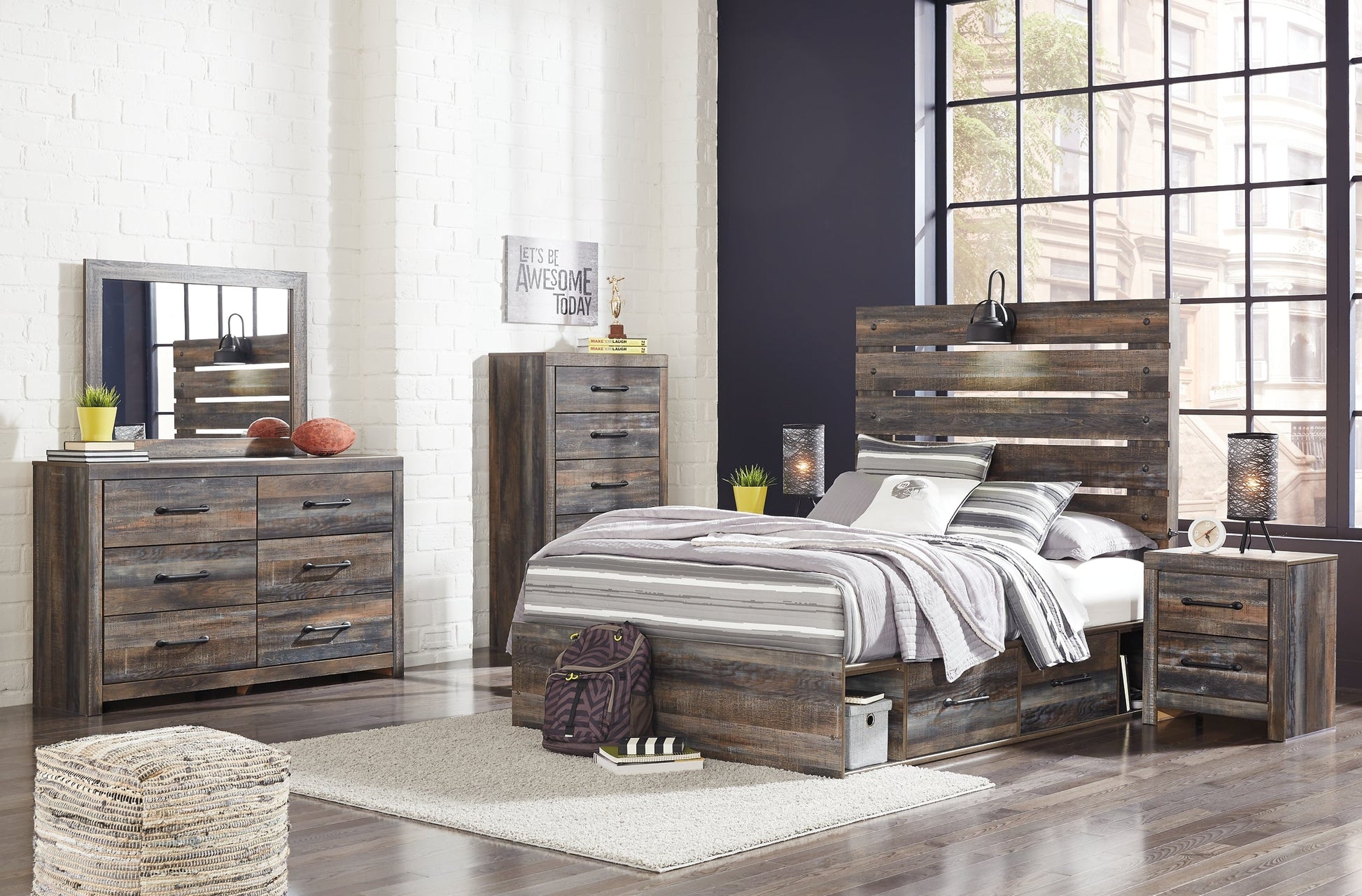 Drystan Twin Panel Bed with 2 Storage Drawers with Mirrored Dresser, Chest and Nightstand at Walker Mattress and Furniture Locations in Cedar Park and Belton TX.