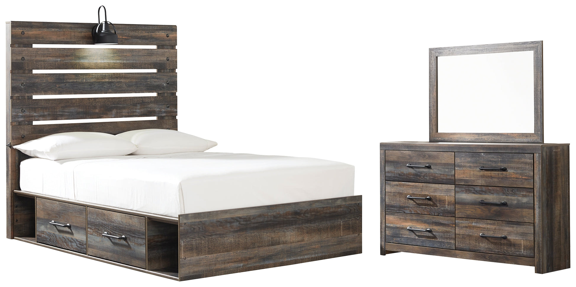 Drystan Twin Panel Bed with 2 Storage Drawers with Mirrored Dresser at Walker Mattress and Furniture Locations in Cedar Park and Belton TX.