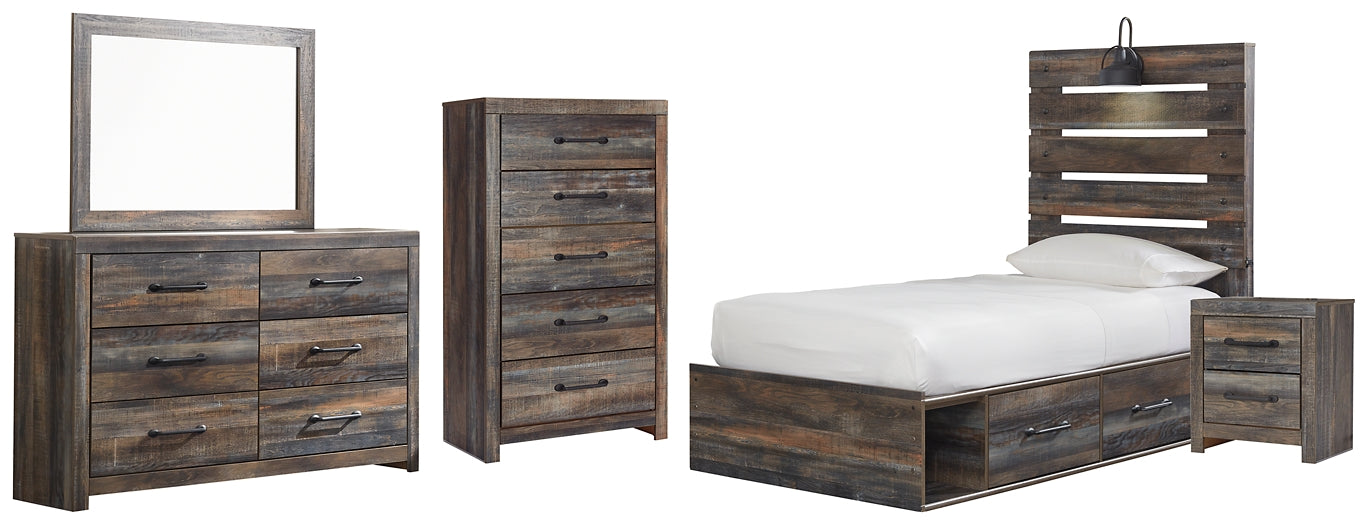 Drystan Twin Panel Bed with 4 Storage Drawers with Mirrored Dresser, Chest and Nightstand at Walker Mattress and Furniture Locations in Cedar Park and Belton TX.