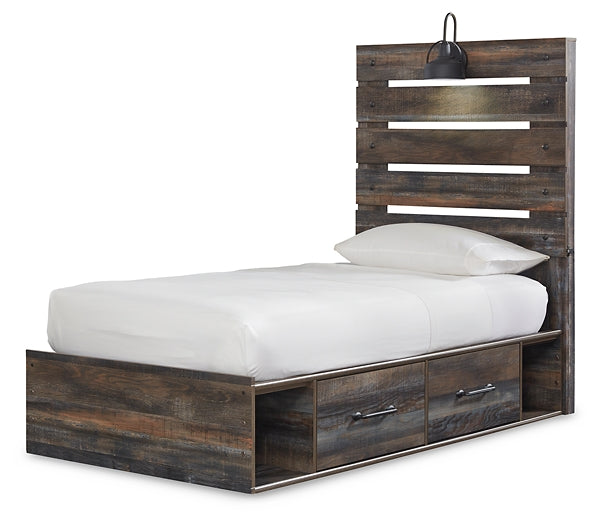 Drystan Twin Panel Bed with 4 Storage Drawers with Mirrored Dresser, Chest and Nightstand at Walker Mattress and Furniture Locations in Cedar Park and Belton TX.