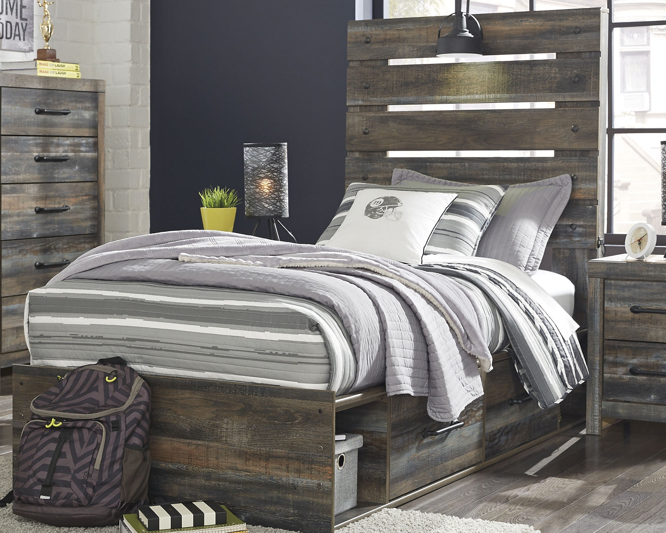 Drystan Twin Panel Bed with 4 Storage Drawers with Mirrored Dresser and Chest at Walker Mattress and Furniture Locations in Cedar Park and Belton TX.
