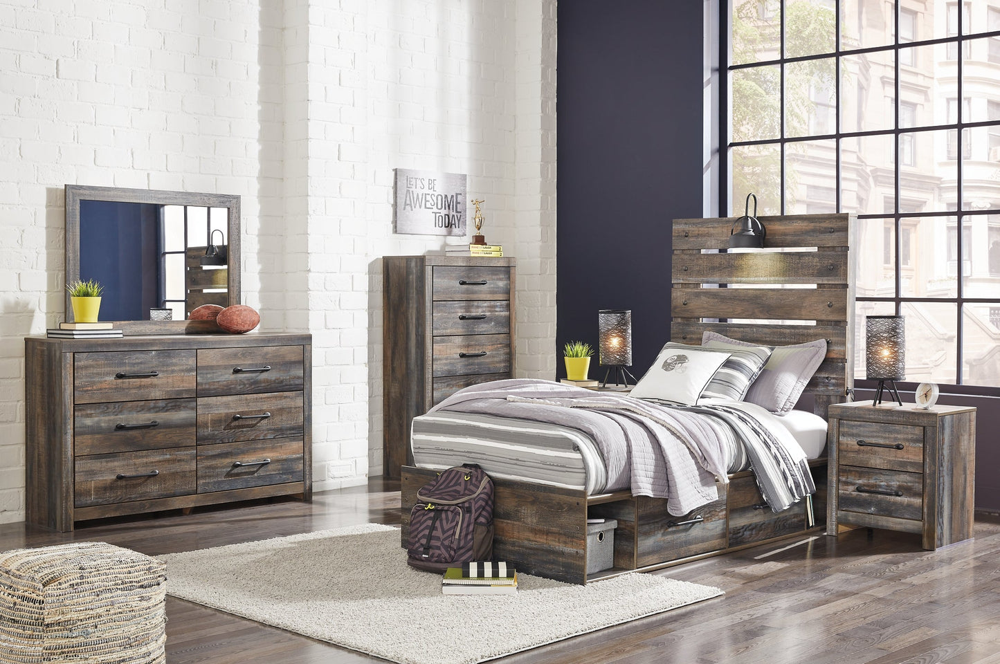 Drystan Twin Panel Headboard with Mirrored Dresser, Chest and 2 Nightstands at Walker Mattress and Furniture Locations in Cedar Park and Belton TX.