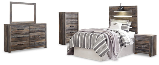 Drystan Twin Panel Headboard with Mirrored Dresser, Chest and Nightstand at Walker Mattress and Furniture Locations in Cedar Park and Belton TX.