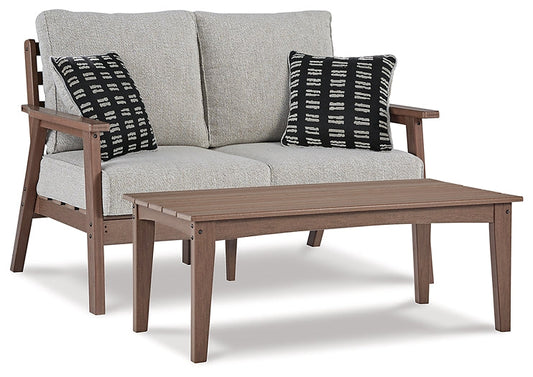 Emmeline Outdoor Loveseat with Coffee Table at Walker Mattress and Furniture Locations in Cedar Park and Belton TX.