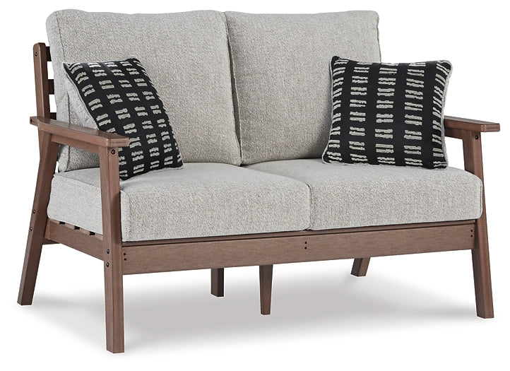 Emmeline Outdoor Loveseat with Coffee Table at Walker Mattress and Furniture Locations in Cedar Park and Belton TX.