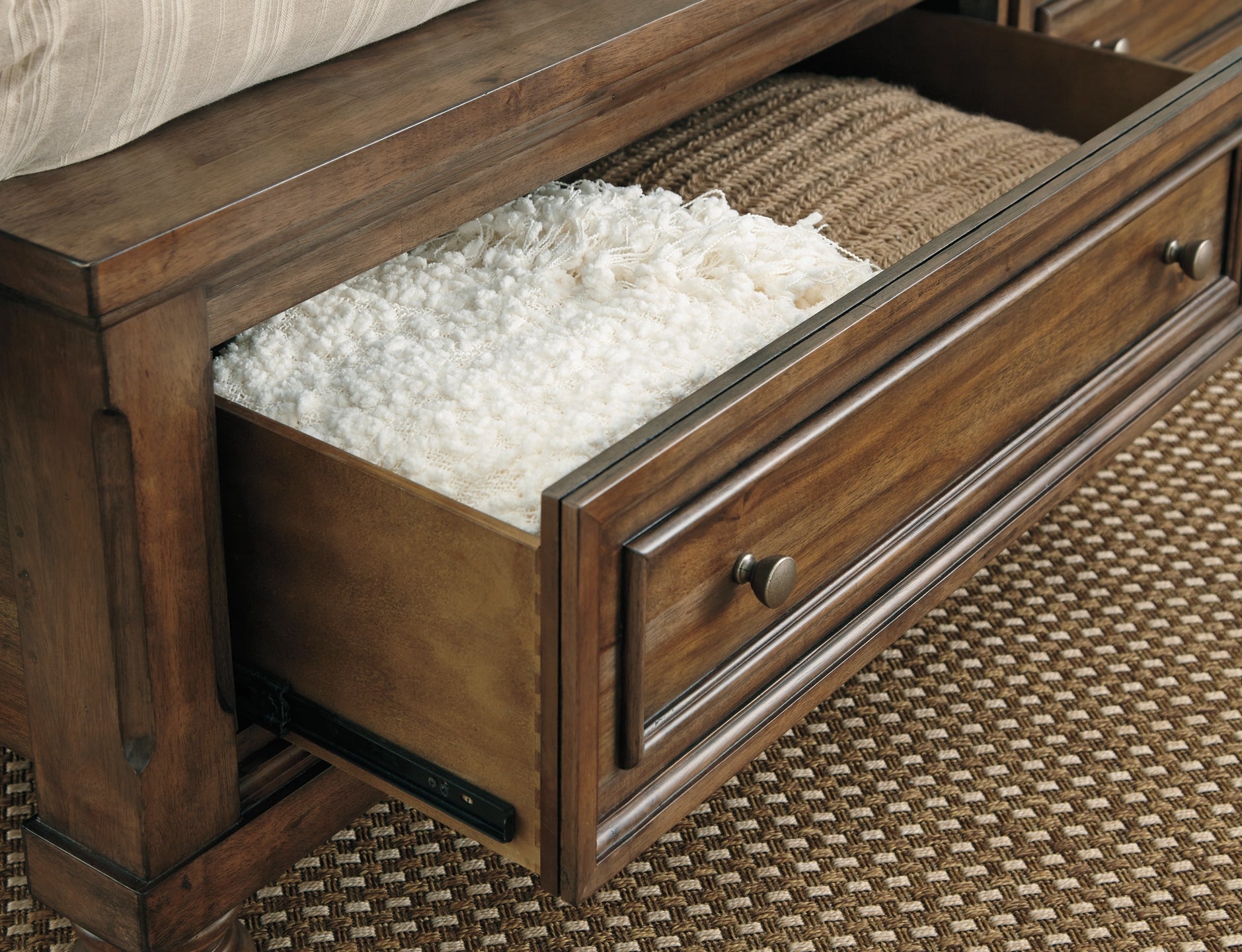 Flynnter California King Panel Bed with 2 Storage Drawers with Mirrored Dresser, Chest and Nightstand at Walker Mattress and Furniture Locations in Cedar Park and Belton TX.