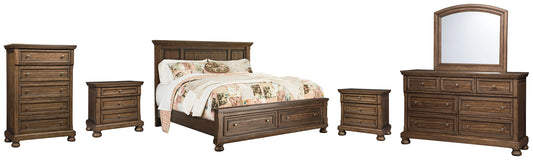 Flynnter Queen Panel Bed with 2 Storage Drawers with Mirrored Dresser, Chest and 2 Nightstands at Walker Mattress and Furniture Locations in Cedar Park and Belton TX.