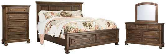 Flynnter Queen Panel Bed with 2 Storage Drawers with Mirrored Dresser and Chest at Walker Mattress and Furniture Locations in Cedar Park and Belton TX.