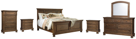 Flynnter Queen Panel Bed with Mirrored Dresser, Chest and 2 Nightstands at Walker Mattress and Furniture Locations in Cedar Park and Belton TX.