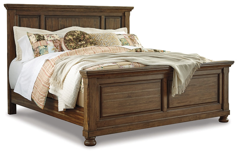 Flynnter Queen Panel Bed with Mirrored Dresser, Chest and Nightstand at Walker Mattress and Furniture Locations in Cedar Park and Belton TX.