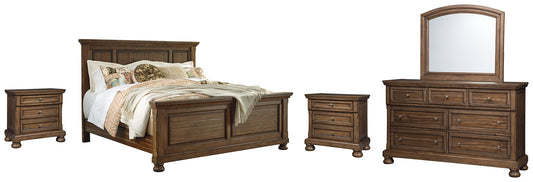 Flynnter Queen Panel Bed with Mirrored Dresser and 2 Nightstands at Walker Mattress and Furniture Locations in Cedar Park and Belton TX.