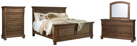Flynnter Queen Panel Bed with Mirrored Dresser and Chest at Walker Mattress and Furniture Locations in Cedar Park and Belton TX.