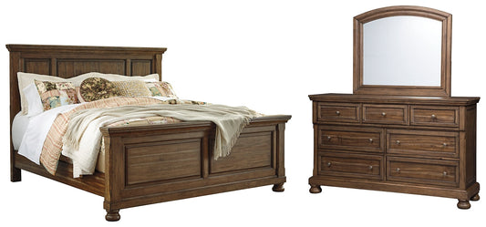 Flynnter Queen Panel Bed with Mirrored Dresser at Walker Mattress and Furniture Locations in Cedar Park and Belton TX.